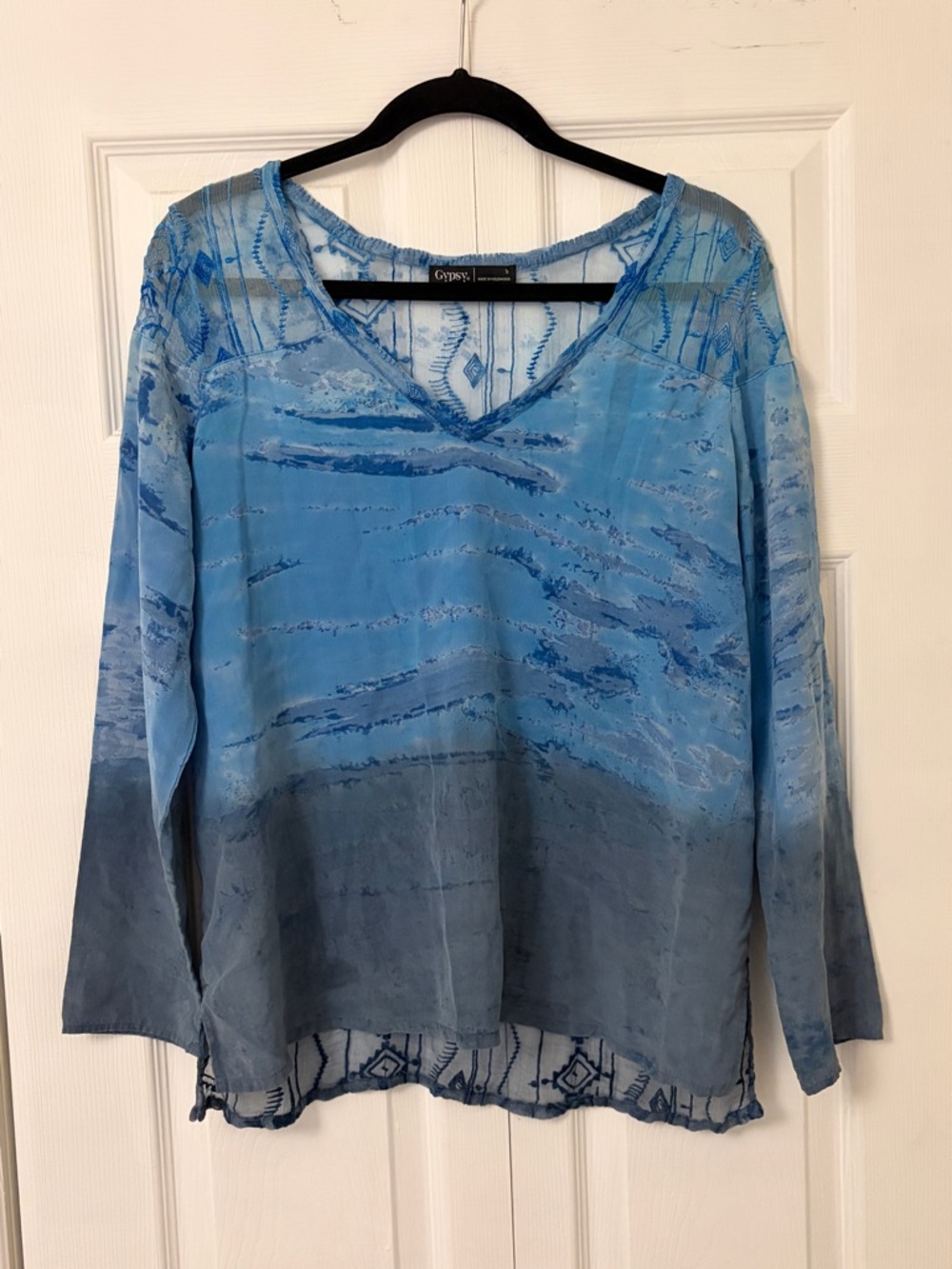 Gypsy 05 Made In Hollywood sheer watercolor blue blouse